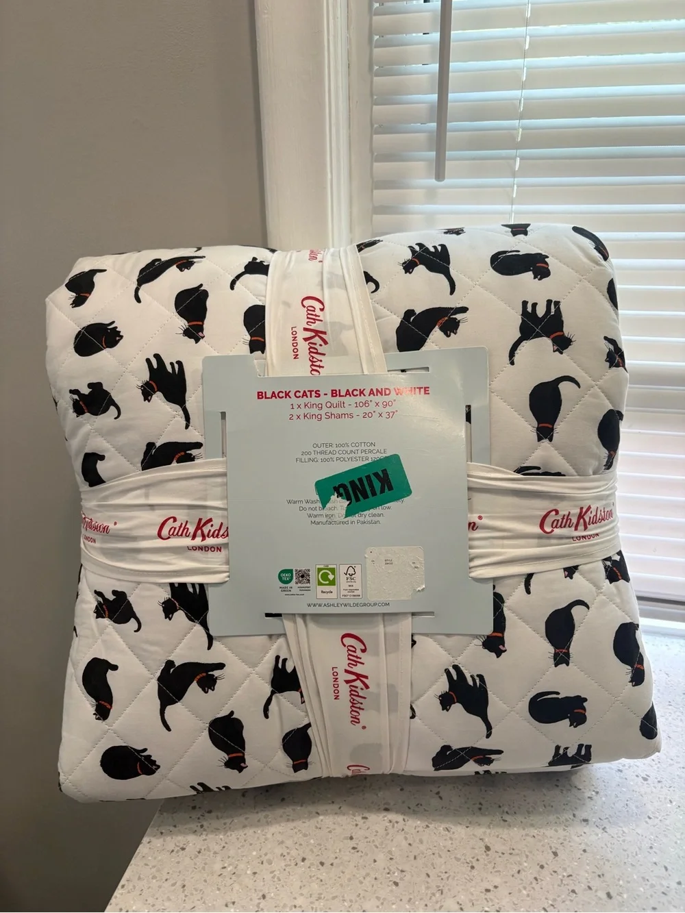 NWT Cath Kidston King Quilt Set - White with Black Cat Print- Black Cat Pattern